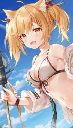 Rule 34 | 1girl, :d, ahoge, animal ear fluff, animal ears, arknights, armpits, bare shoulders, bikini, blonde hair, blue sky, breasts, cleavage, collarbone, fang, front-tie bikini top, front-tie top, hair ornament, higeneko, highres, holding, jacket, long hair, looking at viewer, medium breasts, microphone stand, navel, off shoulder, official alternate costume, official art, open clothes, open jacket, open mouth, outdoors, red eyes, sky, smile, solo, sora (arknights), sora (summer flowers) (arknights), stomach, string bikini, swimsuit, twintails, wet, white bikini, white jacket, wolf ears, wristband