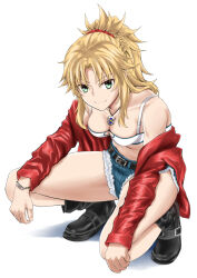 Rule 34 | 1girl, ankle boots, belt, belt boots, belt buckle, black belt, black footwear, blonde hair, boots, bracelet, breasts, buckle, closed mouth, commentary request, denim, denim shorts, fate/apocrypha, fate (series), green eyes, hakase yurisuki, jacket, jewelry, long sleeves, looking at viewer, medium breasts, mordred (fate), mordred (fate/apocrypha), necklace, open clothes, open jacket, ponytail, red jacket, red scrunchie, scrunchie, shadow, short shorts, shorts, simple background, smile, solo, squatting, tank top, white background, white tank top
