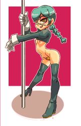 Rule 34 | 1girl, annie (skullgirls), annie of the stars, arched back, boots, braid, breasts, eyepatch, female focus, full body, gloves, green hair, high heel boots, high heels, highres, ifall, nipples, pole, pole dancing, skullgirls, solo, standing, thigh boots, thighhighs, twin braids, yellow eyes