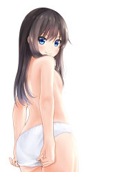 Rule 34 | &gt;:), 1girl, adjusting clothes, adjusting panties, asashio (kancolle), black hair, blue eyes, blush, comiching, cowboy shot, flat chest, from behind, hair between eyes, highres, kantai collection, long hair, looking at viewer, looking back, panties, simple background, solo, standing, topless, underwear, underwear only, v-shaped eyebrows, white background, white panties