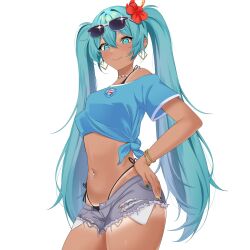 1girl aqua_eyes aqua_hair bracelet brazil brazilian_miku breasts earrings esporte_clube_bahia eyebrows_hidden_by_hair eyewear_on_head flower hair_between_eyes hair_flower hair_ornament hatsune_miku highres jersey jewelry karageuseless latin_american_hatsune_miku_(meme) leaning_forward looking_at_viewer navel necklace shirt short_shorts shorts simple_background solo stomach sunglasses tan tanline tongue tongue_out twintails vocaloid white_background