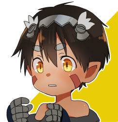 Rule 34 | 1boy, brown hair, facial mark, hair between eyes, highres, made in abyss, male focus, mechanical arms, parted lips, pointy ears, regu (made in abyss), slit pupils, solo, thick eyebrows, two-tone background, usuki (usukine1go), yellow eyes