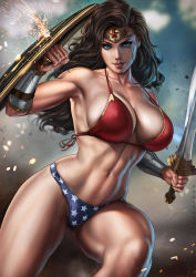 Rule 34 | 1girl, artist name, bikini, black hair, blue eyes, breasts, circlet, commentary, dandon fuga, dc comics, deflect, gluteal fold, highres, holding, holding shield, holding sword, holding weapon, large breasts, lips, long hair, looking at viewer, muscular, muscular female, navel, parted lips, shield, solo, swimsuit, sword, teeth, watermark, weapon, western comics (style), wonder woman, wonder woman (series)
