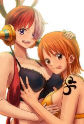 Rule 34 | 2girls, :p, blush, bra, breast focus, grabbing another&#039;s breast, breasts, didd ley, face to breasts, grabbing, highres, hug, large breasts, long hair, looking at viewer, multicolored hair, multiple girls, nami (one piece), naughty face, one piece, orange hair, red hair, sexually suggestive, short hair, tongue, tongue out, two-tone hair, underwear, underwear only, uta (one piece), white background, white hair