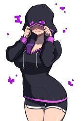 Rule 34 | 1girl, absurdres, black outline, blush, breasts, cleavage, collarbone, covered eyes, covering own eyes, cowboy shot, drawstring, embarrassed, enderman, eye print, facing viewer, gradient hair, grey hood, grey hoodie, grey shorts, hair over shoulder, hands up, highres, hood, hood over eyes, hood up, hoodie, large breasts, long hair, long sleeves, minecraft, muds, multicolored hair, nose blush, outline, personification, purple hair, short shorts, shorts, shy, side slit, side slit shorts, simple background, sleeves past wrists, solo, split mouth, standing, straight hair, thick outlines, thigh gap, wavy mouth, white background
