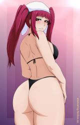 Rule 34 | 1girl, ass, bare legs, bare shoulders, bikini, black bikini, bleach, blush, breasts, cleavage, curvy, dokugamine riruka, hands on own hips, hat, highres, huge ass, large breasts, long hair, looking at viewer, looking back, mistowing, naughty face, pink eyes, pink hair, shiny skin, side-tie bikini bottom, simple background, smile, swimsuit, thick thighs, thighs, thong, thong bikini, twintails, upper body, wide hips