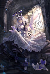 Rule 34 | 1girl, absurdres, alternate costume, apron, arbiter the lovers vi (azur lane), azur lane, back bow, birds-mix, black dress, blue eyes, bow, breasts, candle, dress, enmaided, frilled apron, frills, full body, gloves, halo, highres, indoors, juliet sleeves, large breasts, layered dress, long dress, long hair, long sleeves, looking at viewer, maid, mechanical halo, open mouth, puffy sleeves, purple halo, siren (azur lane), white apron, white footwear, white gloves, white hair, window