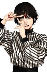 Rule 34 | 1girl, black hair, closed mouth, copyright request, earrings, grey eyes, highres, hoshi san 3, jewelry, lipstick, long sleeves, looking at viewer, makeup, mole, mole under mouth, red lips, ring, shirt, short hair, simple background, solo, striped clothes, striped shirt, upper body, v over eye, white background