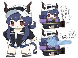 Rule 34 | 1girl, :o, arknights, baseball cap, black footwear, black jacket, blue hair, blue shorts, blush stickers, ch&#039;en (arknights), ch&#039;en the holungday (arknights), chibi, commentary request, unworn eyewear, hat, highres, holding, horns, horns through headwear, in the face, jacket, long hair, multiple views, open mouth, parted lips, red eyes, shoes, short eyebrows, shorts, simple background, someyaya, sunglasses, tail, thick eyebrows, translation request, water gun, white background, white headwear