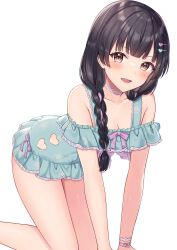 Rule 34 | 1girl, absurdres, all fours, alternate hairstyle, bare shoulders, black hair, blunt bangs, blush, bow, braid, breasts, brown eyes, choker, cleavage, clothing cutout, collarbone, dot nose, frilled one-piece swimsuit, frills, green one-piece swimsuit, hair bow, hair ornament, hair over shoulder, hair ribbon, hairclip, heart cutout, highres, idolmaster, idolmaster shiny colors, long hair, looking at viewer, mayuzumi fuyuko, medium breasts, mochiko (uyu omochi), one-piece swimsuit, pink ribbon, print swimsuit, ribbon, ribbon-trimmed swimsuit, ribbon trim, simple background, smile, solo, star (symbol), star print, swimsuit, twin braids, white background, white choker, white wristband, wrist ribbon