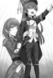 Rule 34 | 2girls, blush, buttons, copyright request, epaulettes, gloves, hair between eyes, hat, highres, lifting another&#039;s clothes, long hair, low twintails, military, military uniform, monochrome, multiple girls, official art, open mouth, pants, sakiyamama, smile, twintails, uniform
