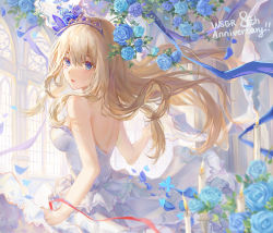 Rule 34 | 1girl, absurdres, blonde hair, blue eyes, blue flower, breasts, candle, dress, feather hair ornament, feathers, ffg-571, flower, hair ornament, highres, lexington (warship girls r), long hair, medium breasts, solo, strapless, strapless dress, tiara, very long hair, warship girls r, white dress