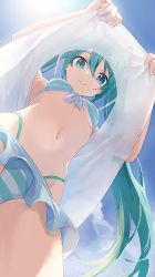 Rule 34 | 00s, 1girl, aqua bikini, aqua eyes, aqua hair, bikini, blue sky, breasts, closed mouth, cloud, day, frilled bikini, frills, from below, hatsune miku, highres, hiroki (yyqw7151), lifted by self, long hair, looking at viewer, looking down, navel, outdoors, sky, small breasts, smile, solo, standing, stomach, striped bikini, striped clothes, sun, swimsuit, twintails, underboob, upshirt, vocaloid