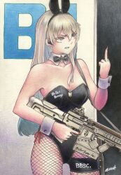 Rule 34 | animal ears, ar-57, black bow, black bowtie, black leotard, blonde hair, bow, bowtie, breasts, detached collar, earpiece, fishnet pantyhose, fishnets, gun, highres, holding, holding weapon, large breasts, leotard, long hair, middle finger, original, pantyhose, pistol-caliber carbine, rabbit ears, red eyes, rifle, tesun (g noh), thigh strap, traditional media, watercolor pencil (medium), weapon, wrist cuffs