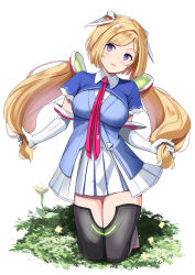 Rule 34 | 1girl, absurdres, aki rosenthal, aki rosenthal (1st costume), blonde hair, breasts, commentary request, detached hair, elbow gloves, flower, full body, gloves, grass, highres, hololive, kneeling, long hair, looking at viewer, medium breasts, purple eyes, simple background, skirt, solo, twintails, virtual youtuber, white background, white gloves, white skirt, yuuzuki (re&#039;ef)