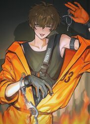 Rule 34 | 1boy, alban knox, arm strap, arm up, black shirt, brown hair, collarbone, commentary, crossed bangs, cuffs, earrings, english commentary, fangs, gloves, green eyes, grey eyes, grey gloves, hair between eyes, handcuffs, heterochromia, highres, holding, holding key, jewelry, jumpsuit, key, keyring, long sleeves, looking at viewer, male focus, mole, mole on arm, nijisanji, nijisanji en, off shoulder, open clothes, open jumpsuit, open mouth, orange gloves, orange jumpsuit, pearl (pe4rrrrrl), shadow, shirt, short hair, single earring, sleeveless, sleeveless shirt, smile, solo, two-tone gloves, virtual youtuber