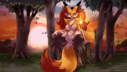 Rule 34 | 1girl, animal ears, breasts, cleft of venus, creatures (company), delphox, female focus, fire, forest, fox, fox ears, fox girl, fox tail, furry, furry female, game freak, gen 6 pokemon, highres, medium breasts, nature, navel, nintendo, nipples, outdoors, plague of gripes, plant, pokemon, pokemon (creature), pussy, red eyes, sitting, solo, stick, tail, third-party edit, tree
