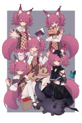 Rule 34 | 1girl, animal ears, ankleband, apple, arknights, bag, black dress, black footwear, black headwear, black panties, black sleeves, blush, book, border, bug, burnt clothes, butterfly, covered mouth, detached sleeves, diamond-shaped pupils, diamond (shape), dress, food, fox ears, fox girl, fox tail, fruit, grey background, hair ornament, hair ribbon, hat, high heels, highres, holding, holding book, holding food, holding fruit, holding stuffed toy, holding wand, index finger raised, infection monitor (arknights), insect, looking at viewer, lxjun 09, mini hat, multiple views, nail polish, navel, official alternate costume, open book, outside border, panties, pantyhose, paper bag, pink eyes, pink hair, pink nails, pink ribbon, ribbon, scowl, see-through, shamare (arknights), shamare (echo of the horrorlair) (arknights), shirt, simple background, split mouth, stuffed toy, symbol-shaped pupils, tail, thigh strap, twintails, underwear, v-shaped eyebrows, wand, white border, white pantyhose, white shirt
