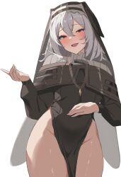 Rule 34 | 1girl, alien adviser, arknights, black dress, black shrug, blush, coif, cowboy shot, dress, grey hair, groin, hair between eyes, half-closed eyes, hand on own stomach, hand up, head scarf, high collar, highres, jewelry, long sleeves, medium hair, open mouth, pelvic curtain, pendant, red eyes, shrug (clothing), side slit, simple background, solo, specter (arknights), standing, thighs, veil, white background