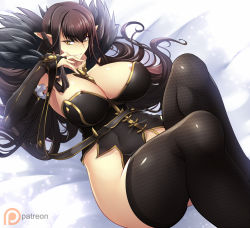 Rule 34 | 1girl, areola slip, breasts, brown eyes, brown hair, cleavage, curvy, fate/grand order, fate (series), gold trim, haganef, huge breasts, long hair, looking at viewer, parted lips, pointy ears, semiramis (fate), smile, solo, thighhighs, unmoving pattern, very long hair, wide hips