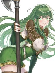 1girl armor artist_name chainmail curvy fingerless_gloves fire_emblem fire_emblem:_mystery_of_the_emblem gloves green_eyes green_hair highres holding holding_polearm holding_weapon long_hair looking_at_viewer nintendo palla_(fire_emblem) polearm simple_background smile solo weapon zqzbq