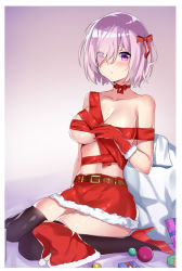 Rule 34 | 1girl, absurdres, alternate costume, black thighhighs, blush, bow, breasts, choker, cleavage, collarbone, fate/grand order, fate (series), fur-trimmed skirt, fur trim, gift bag, hair bow, high heels, highres, large breasts, looking at viewer, lumu yuanxiang, mash kyrielight, miniskirt, pink hair, pumps, purple eyes, red bow, red footwear, red ribbon, red skirt, ribbon, ribbon choker, short hair, sitting, skirt, solo, thighhighs, underboob, wariza, zettai ryouiki
