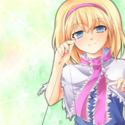 Rule 34 | 1girl, alice margatroid, blonde hair, blue dress, blue eyes, capelet, dairi, dress, hairband, jewelry, looking at viewer, puppet strings, ring, short hair, smile, solo, touhou, upper body