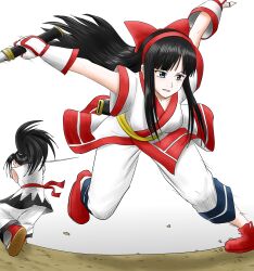 1boy 1girl ainu_clothes arms_up ass black_hair blue_eyes breasts fighting fingerless_gloves gloves hair_ribbon haoumaru harukai-i highres japanese_clothes large_breasts leaning_forward leg_lift leg_up legs long_hair muscular muscular_male nakoruru open_mouth pants ponytail ribbon samurai_spirits serious snk sword the_king_of_fighters thighs tongue very_long_hair weapon