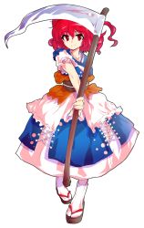 Rule 34 | 1girl, alphes (style), arm behind back, closed mouth, collarbone, dairi, eyebrows, facing away, full body, highres, holding, holding scythe, holding weapon, japanese clothes, kimono, multicolored clothes, multicolored kimono, obi, onozuka komachi, parody, red eyes, red hair, sash, scythe, short hair, short sleeves, smile, socks, solo, standing, style parody, tabi, touhou, transparent background, two side up, weapon, white socks