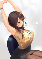 Rule 34 | 1girl, absurdres, armpits, arms up, belt, black belt, black pantyhose, black skirt, blush, breasts, brown eyes, brown hair, chair, closed mouth, commentary request, grey background, highres, id card, inushima, lanyard, large breasts, long hair, looking away, office lady, original, own hands together, pantyhose, pencil skirt, pink lips, shirt, shirt tucked in, sitting, skirt, sleeveless, sleeveless shirt, solo, stretching, tank top, thick thighs, thighs, watch, wristwatch, yellow tank top