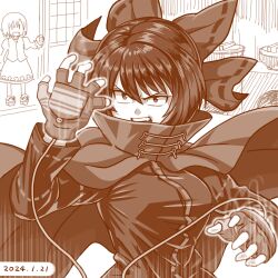 Rule 34 | 2girls, bow, cloak, commentary request, dated, fingerless gloves, geta, gloves, greyscale, hair bow, indoors, long sleeves, looking at viewer, monochrome, multiple girls, nokimenayu, parted lips, sekibanki, short hair, sketch, skirt, solo focus, tatara kogasa, touhou, variant set
