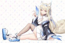 Rule 34 | 1girl, animal ear fluff, animal ears, belt, belt collar, black collar, black jacket, blonde hair, blue belt, blue hair, blue nails, breasts, cleavage cutout, clothing cutout, collar, dog ears, dog girl, dog tail, dress, fake claws, fur-trimmed jacket, fur trim, fuwawa abyssgard, fuwawa abyssgard (1st costume), hair ornament, hairpin, highres, hololive, hololive english, jacket, large breasts, long hair, looking at viewer, multicolored hair, nail polish, pink hair, qiaogun damodao, shoes, single fishnet legwear, smile, sneakers, solo, spiked collar, spikes, streaked hair, tail, virtual youtuber, white dress, white footwear