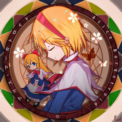Rule 34 | 1girl, alice margatroid, blonde hair, blue eyes, bow, breasts, bug, butterfly, capelet, character name, circle, commentary request, doll, english text, closed eyes, flower, hair bow, headband, highres, insect, long hair, red bow, red headband, rstock 017, short hair, signature, small breasts, solo, star (symbol), touhou, upper body