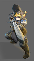 Rule 34 | 1girl, armor, blonde hair, blue eyes, braid, braided ponytail, closed mouth, commentary, english commentary, for honor, full armor, full body, gauntlets, greaves, grey background, helmet, highres, holding, holding sword, holding weapon, kinn (kinn70133), knight, long hair, looking at viewer, pauldrons, shoulder armor, simple background, solo, sword, warden (for honor), weapon
