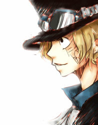 Rule 34 | 1boy, ascot, blonde hair, goggles, goggles on headwear, hat, highres, male focus, one piece, profile, sabo (one piece), scar, simple background, solo, top hat, white background