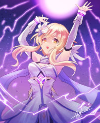 Rule 34 | 1girl, arm guards, armpits, arms up, blonde hair, breasts, cleavage, commentary request, detached sleeves, dress, flower, genshin impact, hair flower, hair ornament, highres, lightning, looking at viewer, lumine (genshin impact), nekobayashi, scarf, short hair, short hair with long locks, sidelocks, signature, solo, white dress, white scarf, yellow eyes