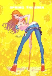 Rule 34 | 1girl, ass, bikini, bra, bracelet, breasts, butt crack, denim, feet, happy, high heels, highres, huge ass, jeans, jewelry, large breasts, legs, long hair, looking at viewer, matching hair/eyes, nami (one piece), nipples, one piece, orange eyes, orange hair, pants, q-bit, shiny skin, smile, solo, standing, swimsuit, tattoo, tongue, tongue out, underboob, underwear, yellow background