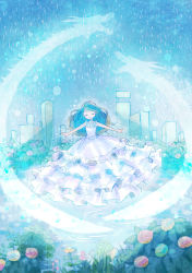 Rule 34 | 1girl, bad id, bad pixiv id, blush, brown hair, building, dragon, dress, closed eyes, flower, frilled dress, frills, hydrangea, long hair, original, outstretched arms, piyo (piyona), plant, rain, smile, solo, spread arms, water
