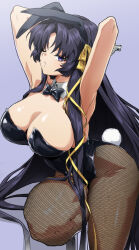 Rule 34 | 1girl, animal ears, arms behind head, black bow, black bowtie, black hair, black leotard, bow, bowtie, breasts, cleavage, commentary request, cowboy shot, detached collar, fake animal ears, fishnet pantyhose, fishnets, hair ribbon, highres, kurugaya yuiko, large breasts, leotard, little busters!, looking at viewer, pantyhose, playboy bunny, purple eyes, rabbit ears, rabbit tail, ribbon, smile, solo, strapless, strapless leotard, tail, wakoudo, wrist cuffs, yellow ribbon
