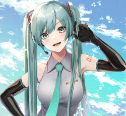 Rule 34 | 1girl, :d, aqua eyes, aqua hair, arm up, armpits, bad id, bad pixiv id, bare shoulders, black gloves, breasts, collared shirt, commentary, earphones, elbow gloves, gloves, grey shirt, hair ornament, hand on own hip, hatsune miku, highres, ironatsuki, long hair, looking at viewer, medium breasts, necktie, open mouth, shirt, shoulder tattoo, sky, sleeveless, sleeveless shirt, smile, solo, tattoo, twintails, upper body, vocaloid