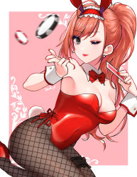 Rule 34 | animal ears, arisugawa natsuha, armpits, bare shoulders, black eyes, black pantyhose, blush, bow, bowtie, breasts, card, cleavage, collarbone, detached collar, earrings, eyeshadow, fake animal ears, fishnet pantyhose, fishnets, hairband, high heels, high ponytail, highres, holding, holding card, idolmaster, idolmaster shiny colors, jewelry, leotard, long hair, looking at viewer, makeup, maou (demonlord), medium breasts, nail polish, one eye closed, pantyhose, playboy bunny, playing card, poker chip, ponytail, rabbit ears, red bow, red bowtie, red footwear, red hair, signature, sleeveless, smile, solo, thigh strap, wrist cuffs