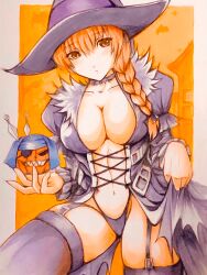 Rule 34 | 1girl, braid, brown hair, dead or alive, halloween costume, hat, highleg, highres, kasumi (doa), kunai, long hair, long sleeves, open clothes, open shirt, pumpkin, tagatamest, thighhighs, weapon, witch hat