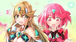 Rule 34 | 2girls, absurdres, blonde hair, breasts, chest jewel, cleavage, cleavage cutout, clothing cutout, drawing, dress, earrings, headpiece, highres, jewelry, large breasts, long hair, multiple girls, mythra (xenoblade), pyra (xenoblade), red eyes, red hair, short dress, short hair, sofusan1526, swept bangs, tiara, very long hair, white dress, xenoblade chronicles (series), xenoblade chronicles 2, yellow eyes