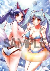 Rule 34 | 2girls, :d, ahri (league of legends), animal ears, ass, assisted exposure, beancurd, bikini, bikini pull, blue hair, blush, breasts, cleavage, clothes pull, embarrassed, facial mark, fox ears, fox tail, innertube, large breasts, league of legends, long hair, multiple girls, multiple tails, o-ring, o-ring bikini, open mouth, ponytail, pulling another&#039;s clothes, purple hair, sample watermark, side-tie bikini bottom, sideboob, smile, sona (league of legends), swim ring, swimsuit, tail, watermark, wavy mouth, whisker markings, yellow eyes