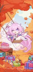 Rule 34 | 1girl, absurdres, ahoge, bird, box, cake, chibi, elysia (herrscher of human:ego) (honkai impact), elysia (honkai impact), english text, eyebrows hidden by hair, food, gift, gift box, highres, homu (honkai impact), honkai (series), honkai impact 3rd, legs, long hair, looking at viewer, official art, official wallpaper, one eye closed, open mouth, pink hair, ribbon, smile, solo, swing, swinging, table, very long hair, white headwear