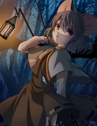 Rule 34 | 1girl, :o, ahoge, animal ears, black dress, capelet, commentary, cowboy shot, dated, dowsing rod, dress, emoriza, forest, grey capelet, grey hair, grey shirt, hair between eyes, highres, jewelry, lantern, long sleeves, medium hair, mouse ears, mouse girl, mouse tail, nature, nazrin, night, open mouth, pendant, red eyes, shirt, signature, solo, tail, touhou, twitter username