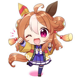 Rule 34 | 1girl, :3, :d, ahoge, animal ears, arm up, blush, chibi, clenched hands, copano rickey (umamusume), curly hair, double bun, dyed bangs, ear covers, fang, hair bun, hair ornament, hand up, haori, horse ears, horse girl, horse tail, horseshoe ornament, japanese clothes, long hair, long sleeves, mikona honey, notice lines, one eye closed, open mouth, orange hair, pink eyes, school uniform, serafuku, shoes, skirt, smile, solo, standing, standing on one leg, tail, tassel, tassel hair ornament, thighhighs, tracen school uniform, translation request, umamusume, white hair, wide sleeves