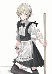 Rule 34 | 1boy, alternate costume, apron, black skirt, black thighhighs, blush, brown hair, center frills, chihuri, closed mouth, collared shirt, crossdressing, enmaided, final fantasy, final fantasy xiv, frilled apron, frills, garter straps, green eyes, hair between eyes, highres, holding, looking at viewer, maid, maid headdress, male focus, on one knee, pointy ears, puffy short sleeves, puffy sleeves, shirt, short sleeves, simple background, skirt, solo, sweat, thighhighs, waist apron, white apron, white background, white shirt, wrist cuffs, zephirin de valhourdin