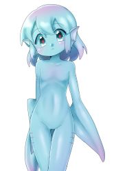 Rule 34 | 1girl, :&lt;, blue eyes, blue hair, blue sclera, blue skin, blush, colored sclera, colored skin, cowboy shot, filet (kai himo), fins, flat chest, gills, gluteal fold, gradient hair, head fins, head tilt, kai himo, looking at viewer, monster girl, multicolored hair, no nipples, original, pink hair, red pupils, short hair, simple background, solo, thigh gap, white background