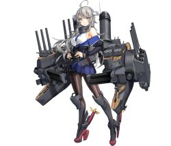 Rule 34 | 1girl, :&lt;, ahoge, binoculars, black pantyhose, blue necktie, blue skirt, breasts, cannon, closed mouth, full body, grey eyes, grey hair, headgear, holding, holding binoculars, kantai collection, large breasts, long hair, long sleeves, machinery, necktie, official art, pantyhose, pleated skirt, propeller, rigging, rudder footwear, skirt, solo, thighband pantyhose, transparent background, turret, washington (kancolle), zeco